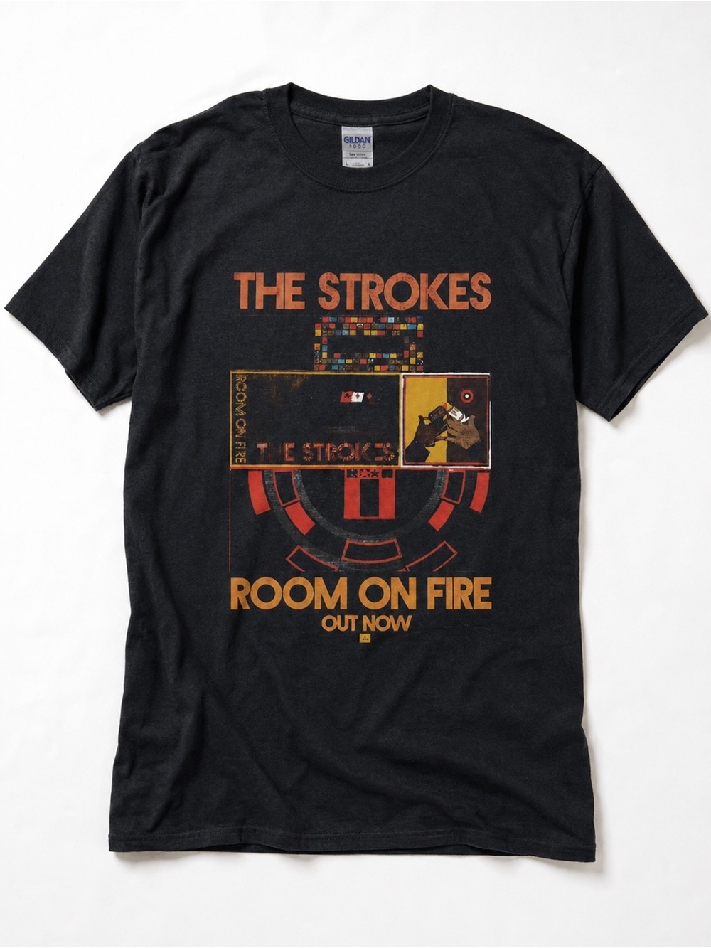 Gildan 5000 Black 'The Strokes - Room On Fire' Graphic Tee with Orange